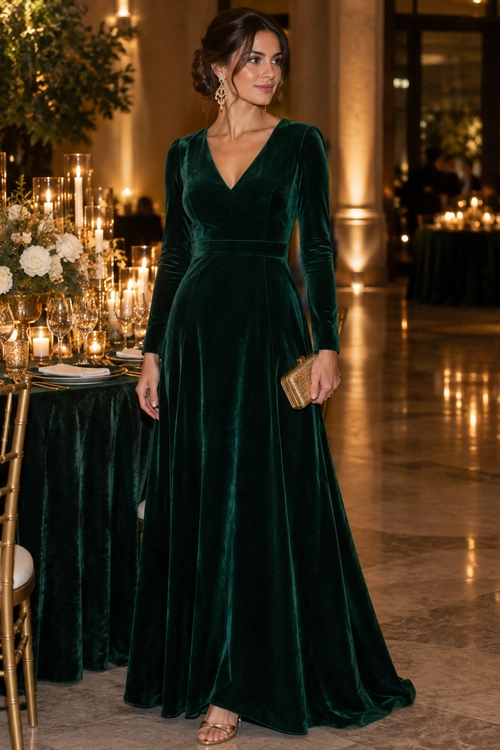 Emerald Green Velvet Evening Gown Woman wearing a long-sleeved emerald green velvet gown with gold earrings, a gold clutch, and metallic strappy sandals.