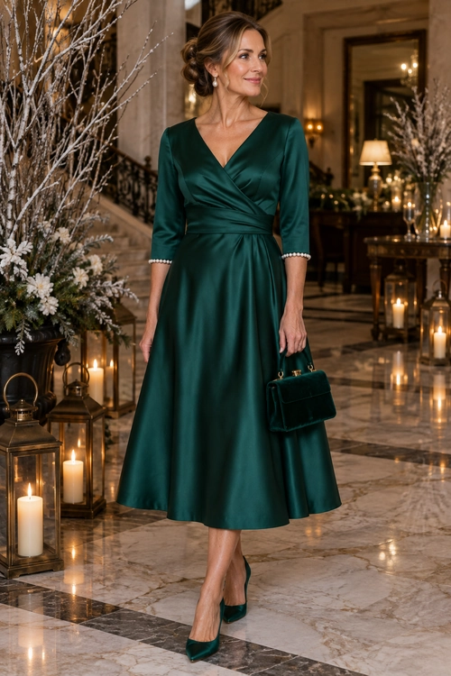 A woman wears a dark emerald green long-sleeved wrap-style midi dress with matching pointed-toe pumps and a structured top-handle handbag.