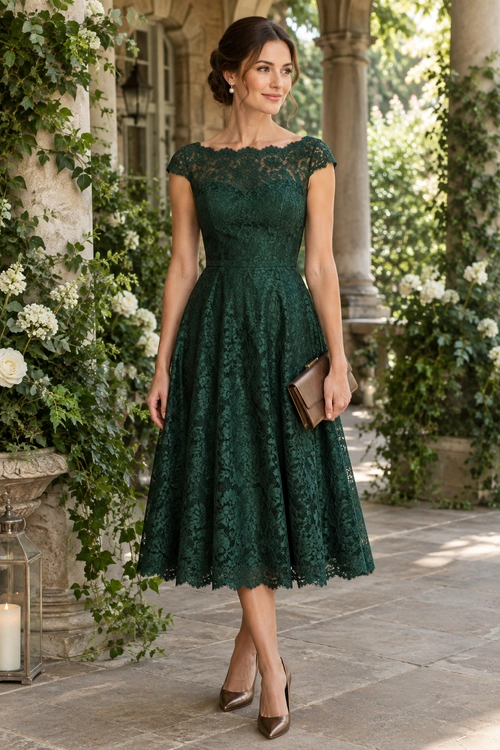 Emerald Lace Midi Dress A woman wears a dark emerald green lace midi dress with cap sleeves, brown pointed heels, and a matching brown clutch.