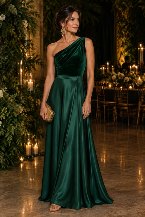 A woman wears a dark emerald green one-shoulder floor-length gown with a gold clutch, drop earrings, and strappy sandals.