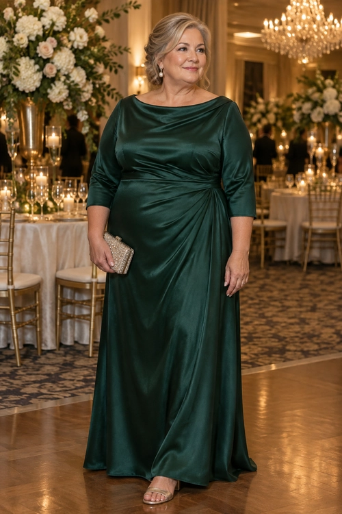 Emerald Satin Evening Dress Woman wearing a dark emerald satin floor-length dress with three-quarter sleeves, a gathered waist, pearl drop earrings, a beaded clutch, and open-toe sandals.