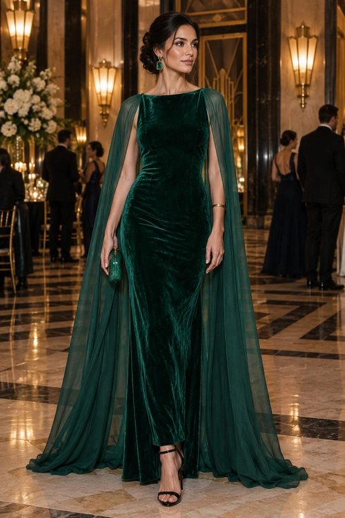 A woman wears a floor-length emerald velvet gown with a sheer matching cape, black strappy heels, and a small green clutch.