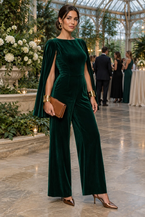 A woman wears an emerald green velvet wide-leg jumpsuit with cape sleeves, gold jewelry, a brown clutch, and pointed heels.