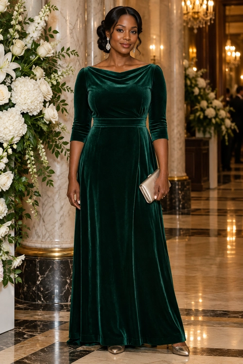 A woman wears a long emerald green velvet dress with long sleeves, metallic pointed heels, drop earrings, and a champagne clutch.