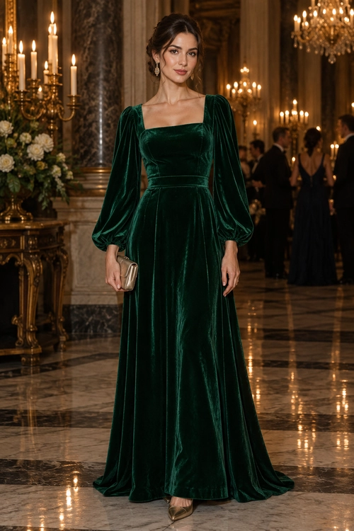 Emerald Velvet Evening Gown Woman wearing a floor-length emerald green velvet gown with a square neckline, long puff sleeves, a metallic clutch, and pointed-toe heels.