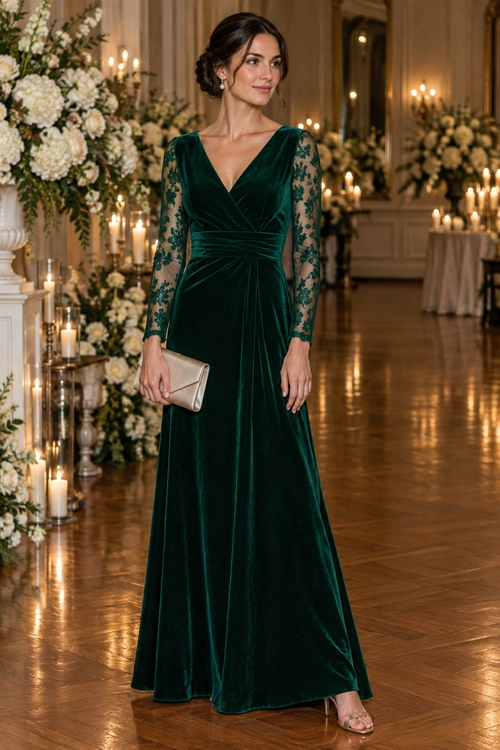 Emerald Velvet Lace-Sleeve Gown Woman wearing a floor-length emerald velvet gown with sheer floral lace sleeves, a beige clutch, and strappy sandals.