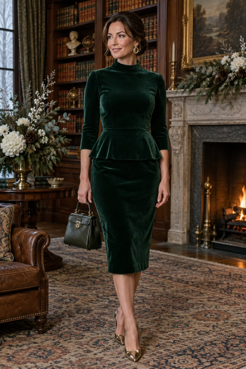 Woman wearing a dark emerald velvet peplum dress with pointed metallic pumps, drop earrings, and a structured handbag.