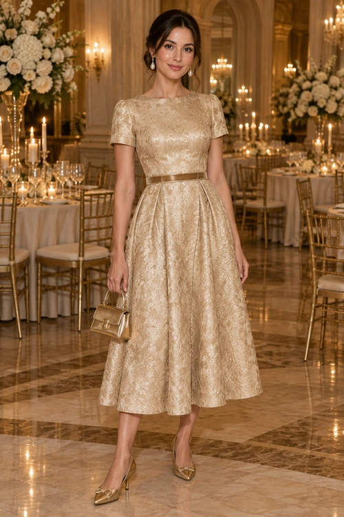 Gold Brocade Fit-and-Flare Dress A woman wears a gold brocade fit-and-flare midi dress with a waist belt, pointed-toe heels, drop earrings, and a small structured handbag.