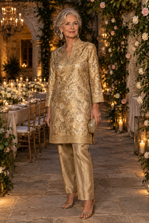 Gold Brocade Tunic and Trousers A woman wears a gold brocade tunic with matching wide-leg trousers, metallic heeled sandals, drop earrings, and a small clutch.