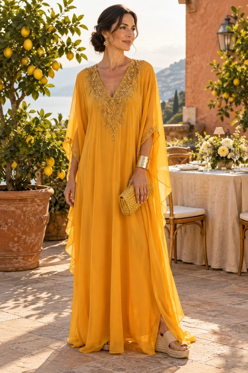 Embellished Golden Kaftan Dress Woman wearing a flowing golden-yellow kaftan dress with an embellished neckline, metallic cuff, woven clutch, earrings, and platform sandals.
