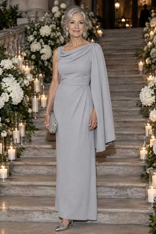 A woman wears a floor-length gray draped gown with a flowing cape sleeve, silver earrings, a metallic clutch, and pointed heels.
