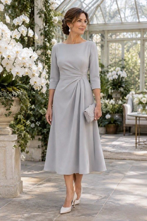 Elegant Gray Draped Midi Dress Woman wearing a light gray three-quarter-sleeve midi dress with a gathered waist, white pointed-toe heels, and a textured clutch in a conservatory.
