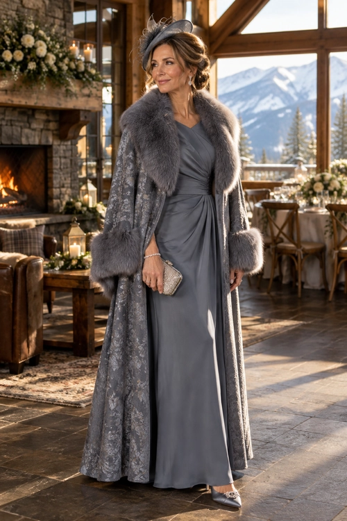 Elegant Gray Evening Ensemble A woman wears a floor-length gray dress with a patterned fur-trimmed coat, decorative hat, clutch, and pointed heels.