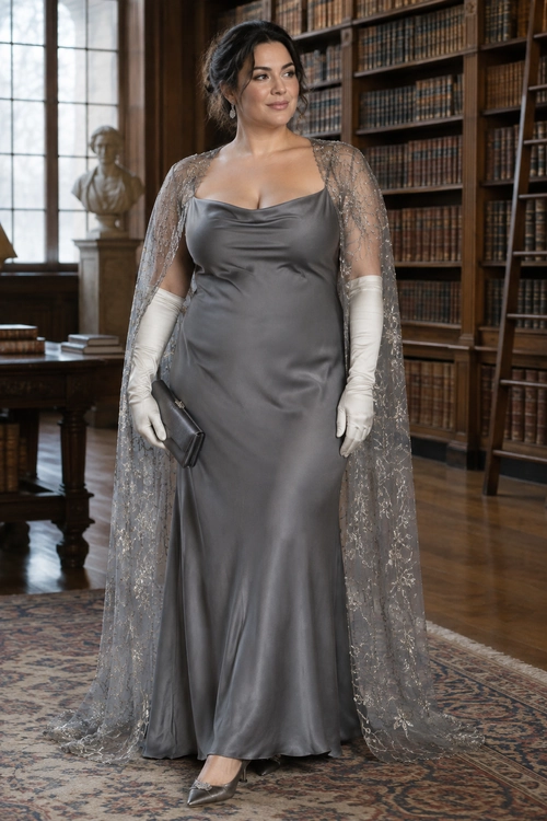 Gray Satin Gown with Lace Cape A woman wears a floor-length gray satin gown with a sheer lace cape, white opera gloves, pointed heels, and a dark clutch.