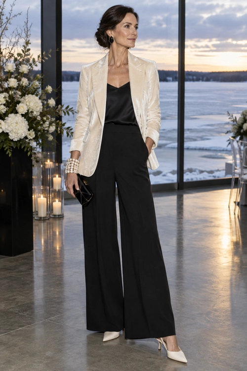 Ivory Blazer and Black Wide-Leg Trousers A woman wears an ivory blazer over a black camisole with black wide-leg trousers, white pointed slingback heels, a black clutch, earrings, and pearl bracelets.