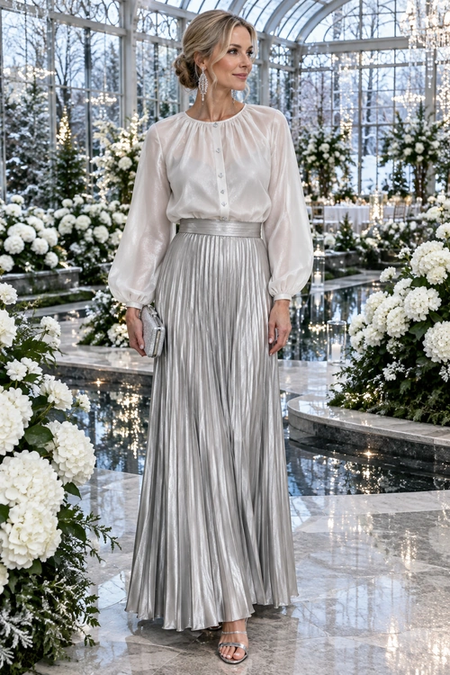 Ivory Blouse and Silver Pleated Skirt Outfit Woman wearing an ivory long-sleeve blouse with a silver pleated maxi skirt, strappy sandals, drop earrings, and a small clutch.