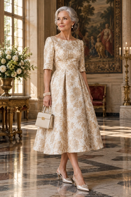 A woman wears an ivory floral brocade midi dress with pearl jewelry, a structured handbag, and pointed embellished heels.
