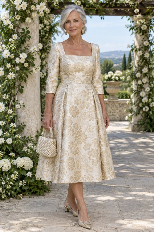 A woman wears an ivory and gold floral brocade midi dress with three-quarter sleeves, a beaded handbag, and embellished pointed heels.