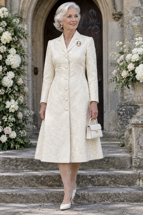 Ivory Jacquard Coat Dress Look An elegant woman wears an ivory jacquard tailored coat dress with a brooch, structured handbag, and pointed-toe heels.