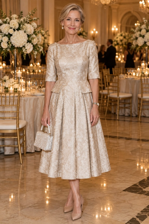 Ivory Jacquard Fit-and-Flare Dress A woman wears an ivory jacquard fit-and-flare midi dress with elbow-length sleeves, flap pockets, nude pumps, and a small structured handbag.