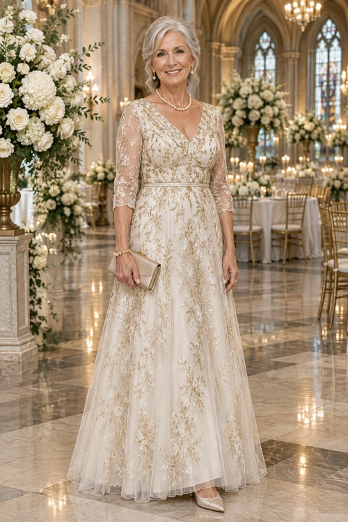 Woman wearing a floor-length ivory lace gown with sheer sleeves, pearl jewelry, a clutch, and matching heels in an ornate wedding venue.