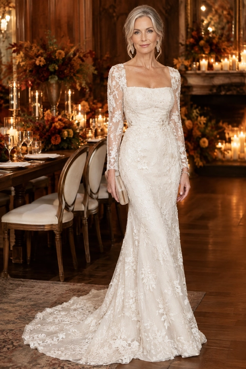 Ivory Lace Gown with Train A woman wears an ivory long-sleeved lace gown with a square neckline, fitted silhouette, and sweeping train.