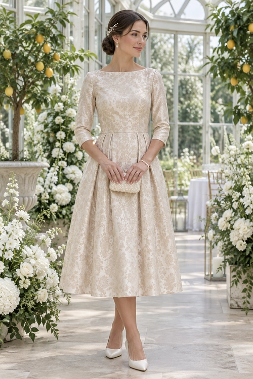 Ivory Lace Midi Dress Outfit Woman wearing an ivory long-sleeve lace midi dress with white pumps and a beaded clutch in a flower-filled conservatory.