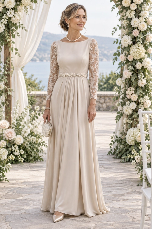 Woman wearing a floor-length ivory gown with sheer lace sleeves, a beaded waist, pearl necklace, beaded clutch, and pointed-toe heels.