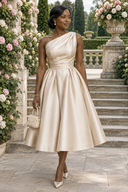 Woman wearing an ivory one-shoulder satin midi dress with pointed pumps and a beaded handbag.