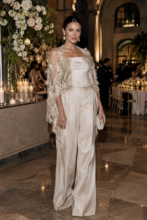 A woman wears an ivory satin wide-leg jumpsuit with a sheer floral lace cape and carries a small matching clutch.