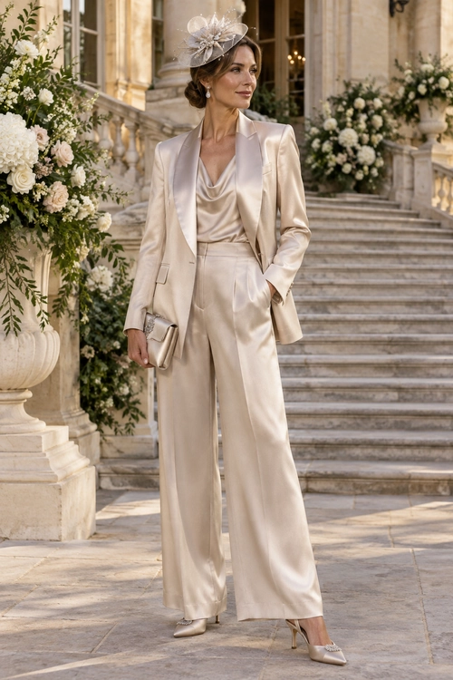 Ivory Satin Suit with Fascinator A woman wears an ivory satin blazer, draped top, wide-leg trousers, pointed-toe heels, and a floral fascinator.