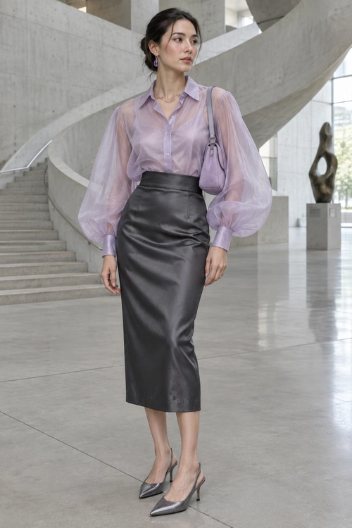 A woman wears a sheer lavender button-up blouse with a black leather midi skirt, purple shoulder bag, and pointed slingback heels.