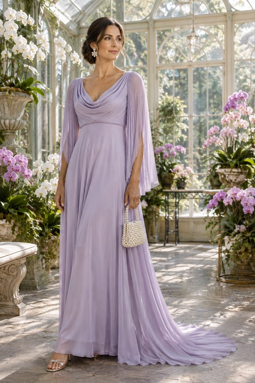 Woman wearing a floor-length lavender gown with a draped neckline, flowing sheer sleeves, a pearl-beaded handbag, floral earrings, and open-toe sandals.