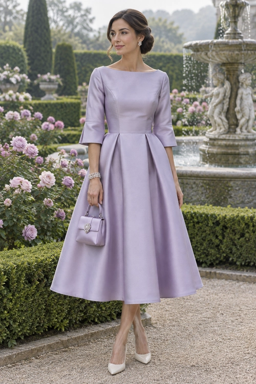 Lavender Fit-and-Flare Garden Party Dress Woman wearing a lavender fit-and-flare midi dress with three-quarter sleeves, a matching handbag, and white pointed-toe pumps in a formal garden.