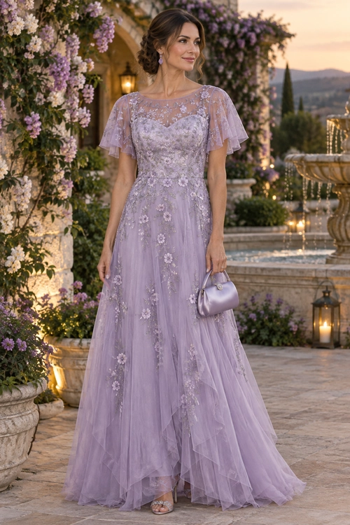 A woman wearing a lavender floor-length floral tulle gown with sheer flutter sleeves, a matching clutch, earrings, and strappy sandals.