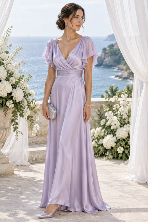 Lavender Flutter-Sleeve Evening Dress Woman wearing a lavender floor-length dress with flutter sleeves, a V-neckline, a ruched waist, pointed heels, and a silver clutch.