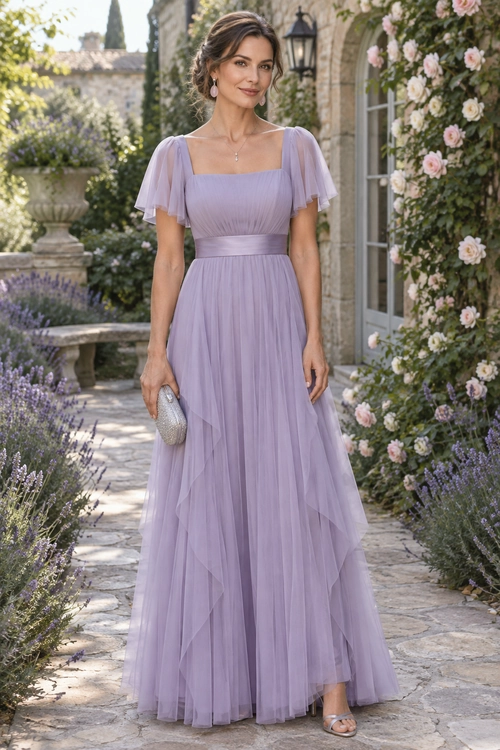 A woman wearing a floor-length lavender dress with flutter sleeves, a square neckline, a defined waist, and a layered tulle skirt, styled with a silver clutch and strappy sandals.