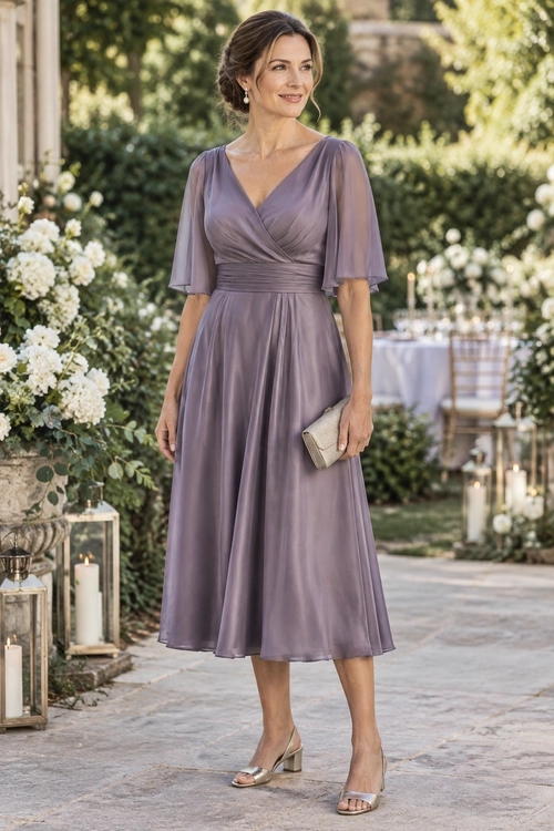 Lavender Flutter-Sleeve Midi Dress Woman wearing a lavender wrap-style midi dress with flutter sleeves, a beige clutch, and metallic open-toe heels.