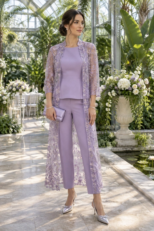 A lavender outfit featuring a sheer floral lace duster, sleeveless top, tailored trousers, silver pointed-toe heels, and a matching clutch.