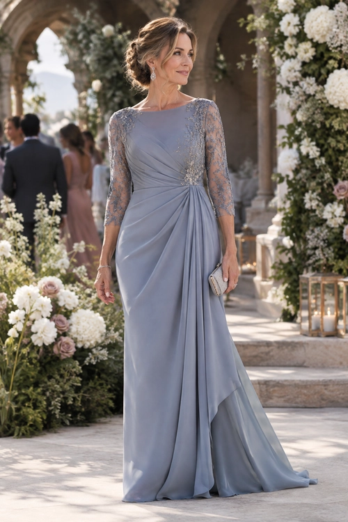 Woman wearing a floor-length lavender gown with sheer lace sleeves, draped ruching, and a small metallic clutch.