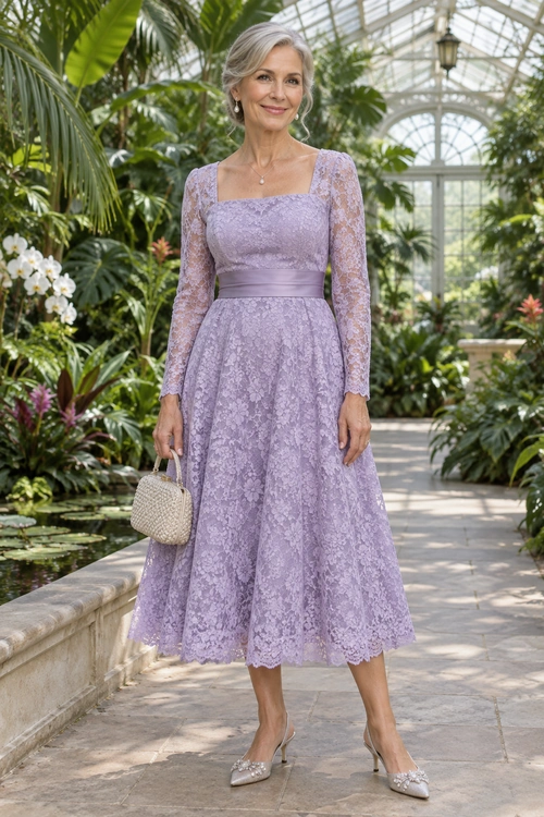 Lavender Lace Midi Dress Outfit Woman wearing a lavender lace midi dress with sheer long sleeves, a satin waistband, a beaded handbag, and embellished pointed heels.