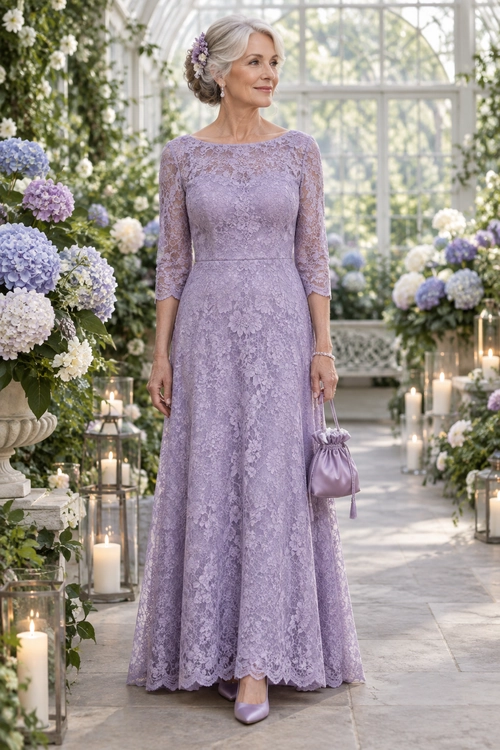 Lavender Lace Occasion Dress A woman wears a floor-length lavender lace dress with three-quarter sleeves, matching pointed-toe heels, a small ruched handbag, and a floral hair accessory.