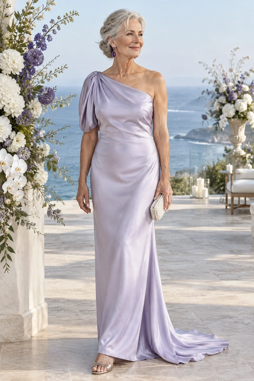 Woman wearing a lavender one-shoulder satin gown with a flowing train, purple earrings, a beaded clutch, and strappy sandals.