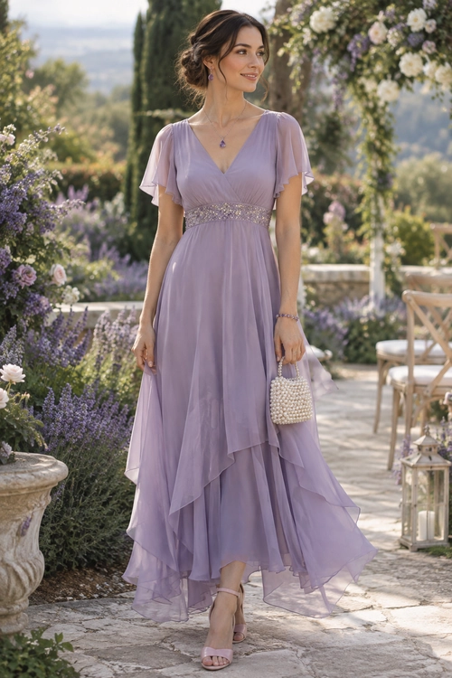Lavender Ruffled Maxi Dress Woman wearing a lavender ruffled maxi dress with a beaded waist, pearl handbag, and strappy heels in a garden setting.