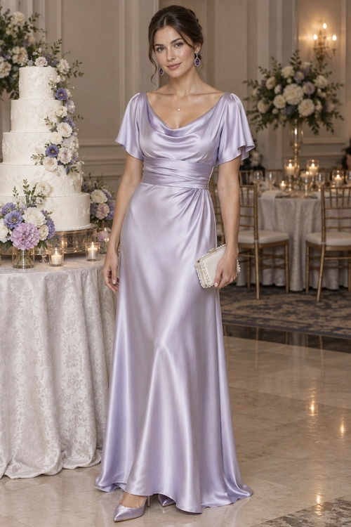 Lavender Satin Draped Maxi Dress Woman wearing a lavender satin maxi dress with a draped neckline, pointed heels, drop earrings, and a light-colored clutch.