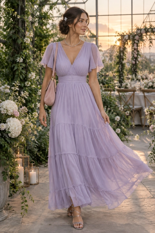 Woman wearing a lavender flutter-sleeve tiered maxi dress with a blush shoulder bag and strappy sandals.