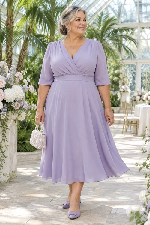Lavender Wrap Midi Dress Outfit A woman wearing a lavender wrap-style midi dress with matching pumps and a beaded handbag.