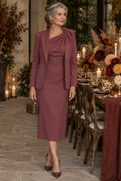 Mauve Blazer and Midi Dress Outfit A woman wears a mauve tailored blazer over a draped midi dress with pointed pumps and a small brown handbag.