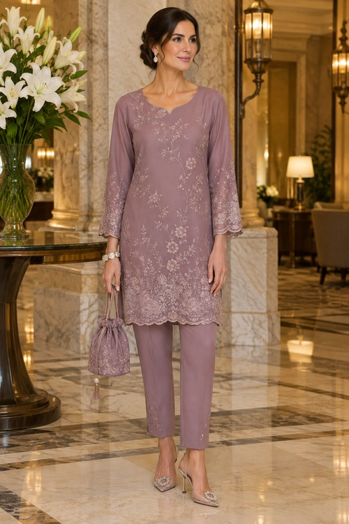 Mauve Embroidered Tunic Suit Woman wearing a mauve embroidered tunic with matching cropped trousers, embellished heels, and a drawstring clutch.