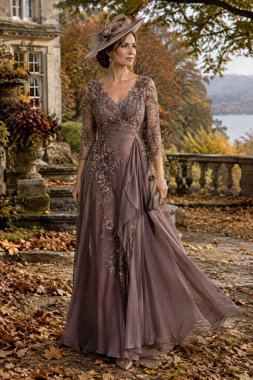 A woman wears a mauve floor-length gown with sheer lace sleeves, floral embellishments, a flowing draped skirt, matching fascinator, and clutch.